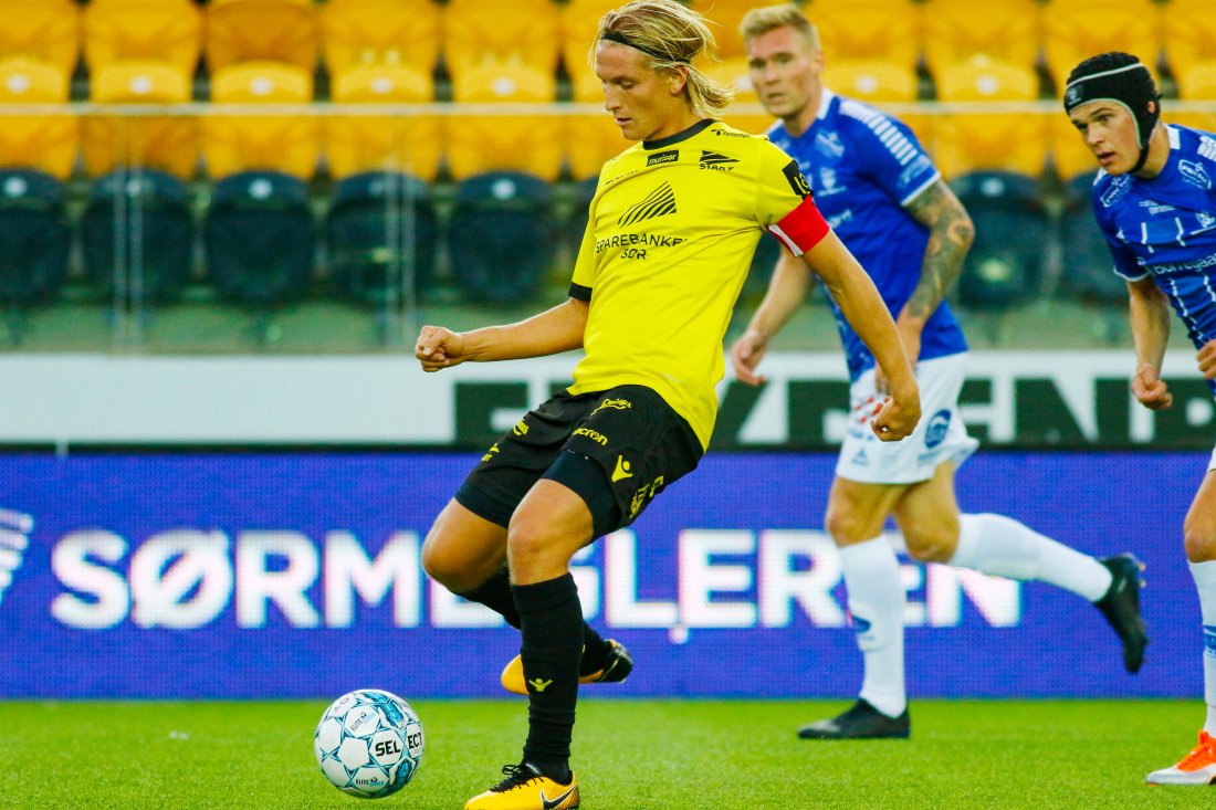 Erlend Segberg under eliteseriekampen mellom Start og Sarpsborg 08 i 2018. Foto: Tor Erik Schrøder / NTB