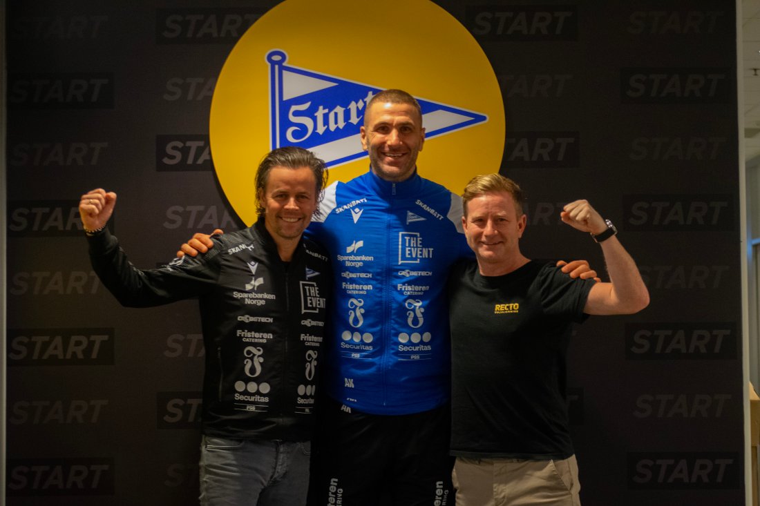 (F.v) Kristian Westgaard, salgs og markedssjef IK Start, Azar Karadas, hovedtrener IK Start, Fredrik Strømstad, eier, Recto.